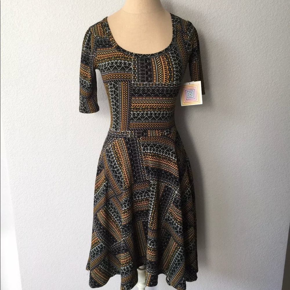 LULAROE Nicole Textured Stretch Yellow Gray Dress